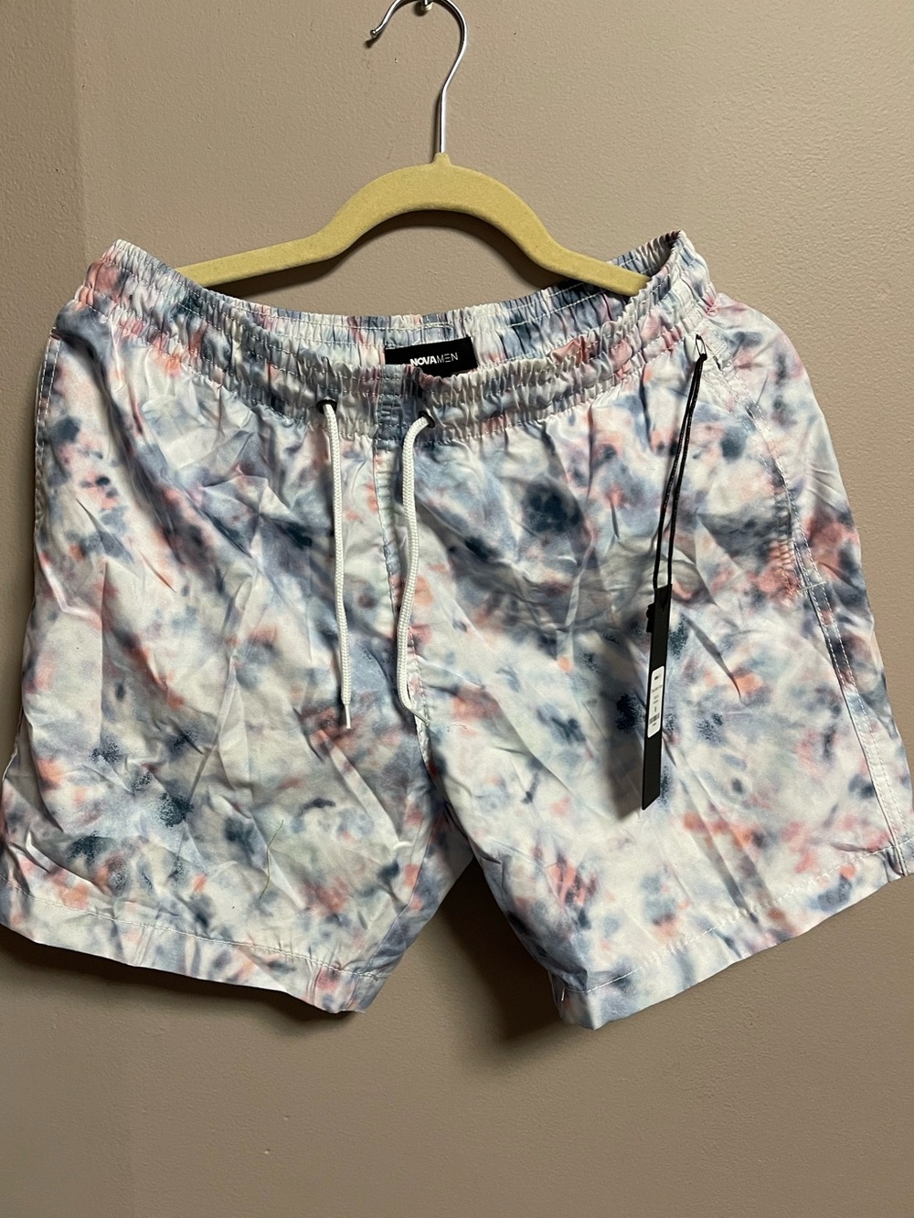 Fashion Nova Men's Tie-Dye Swim Trunks — White with Blue & Pink Size M